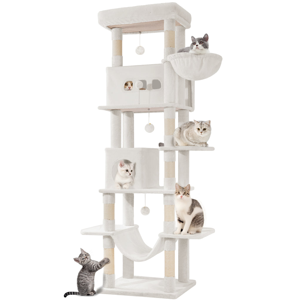 Hzuaneri Large Cat Scratching Post, 210 cm High, with 8 Scratching Posts, 2 Caves, Large Platforms, Washable Mat, Hammock, Plush Balls, Multi-Level Cat Scratching Post, Cream White MS21018WT