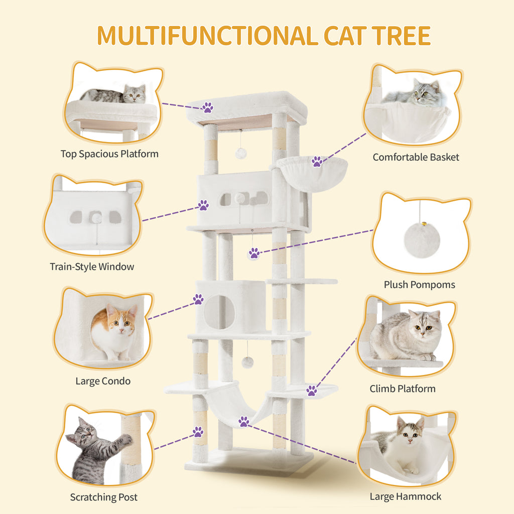 Hzuaneri Large Cat Scratching Post, 210 cm High, with 8 Scratching Posts, 2 Caves, Large Platforms, Washable Mat, Hammock, Plush Balls, Multi-Level Cat Scratching Post, Cream White MS21018WT