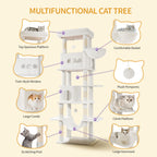 Hzuaneri Large Cat Scratching Post, 210 cm High, with 8 Scratching Posts, 2 Caves, Large Platforms, Washable Mat, Hammock, Plush Balls, Multi-Level Cat Scratching Post, Cream White MS21018WT