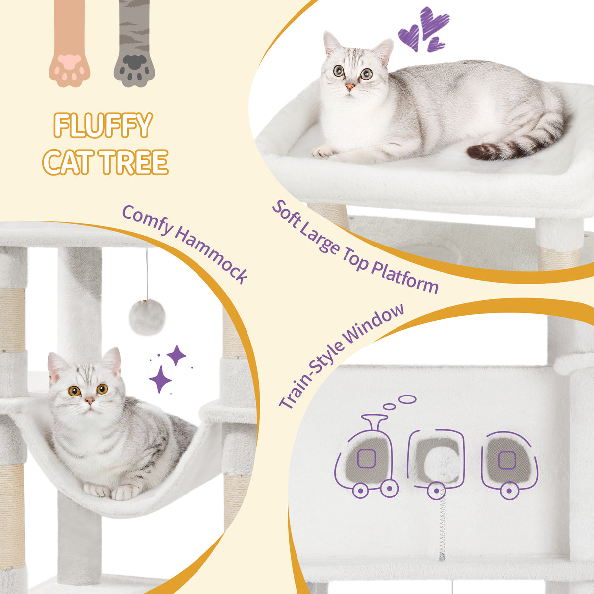 Hzuaneri Large Cat Scratching Post, 210 cm High, with 8 Scratching Posts, 2 Caves, Large Platforms, Washable Mat, Hammock, Plush Balls, Multi-Level Cat Scratching Post, Cream White MS21018WT