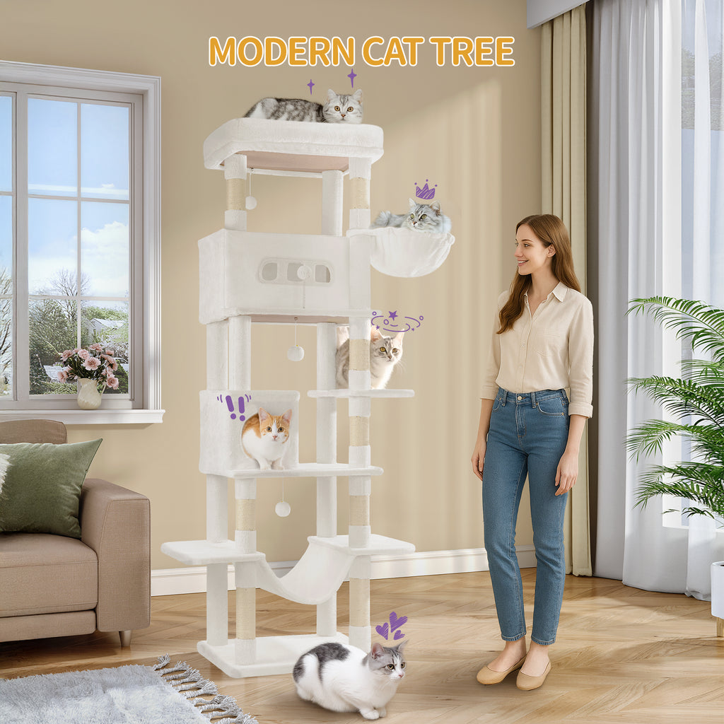 Hzuaneri Large Cat Scratching Post, 210 cm High, with 8 Scratching Posts, 2 Caves, Large Platforms, Washable Mat, Hammock, Plush Balls, Multi-Level Cat Scratching Post, Cream White MS21018WT