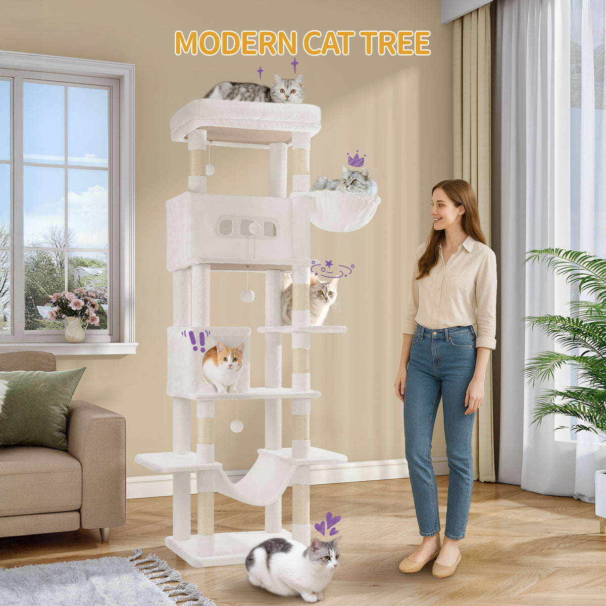 Hzuaneri Large Cat Scratching Post, 210 cm High, with 8 Scratching Posts, 2 Caves, Large Platforms, Washable Mat, Hammock, Plush Balls, Multi-Level Cat Scratching Post, Cream White MS21018WT