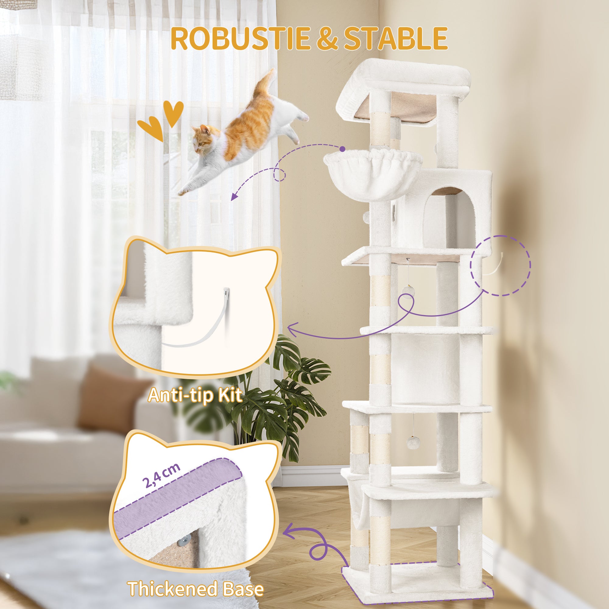 Hzuaneri Large Cat Scratching Post, 210 cm High, with 8 Scratching Posts, 2 Caves, Large Platforms, Washable Mat, Hammock, Plush Balls, Multi-Level Cat Scratching Post, Cream White MS21018WT