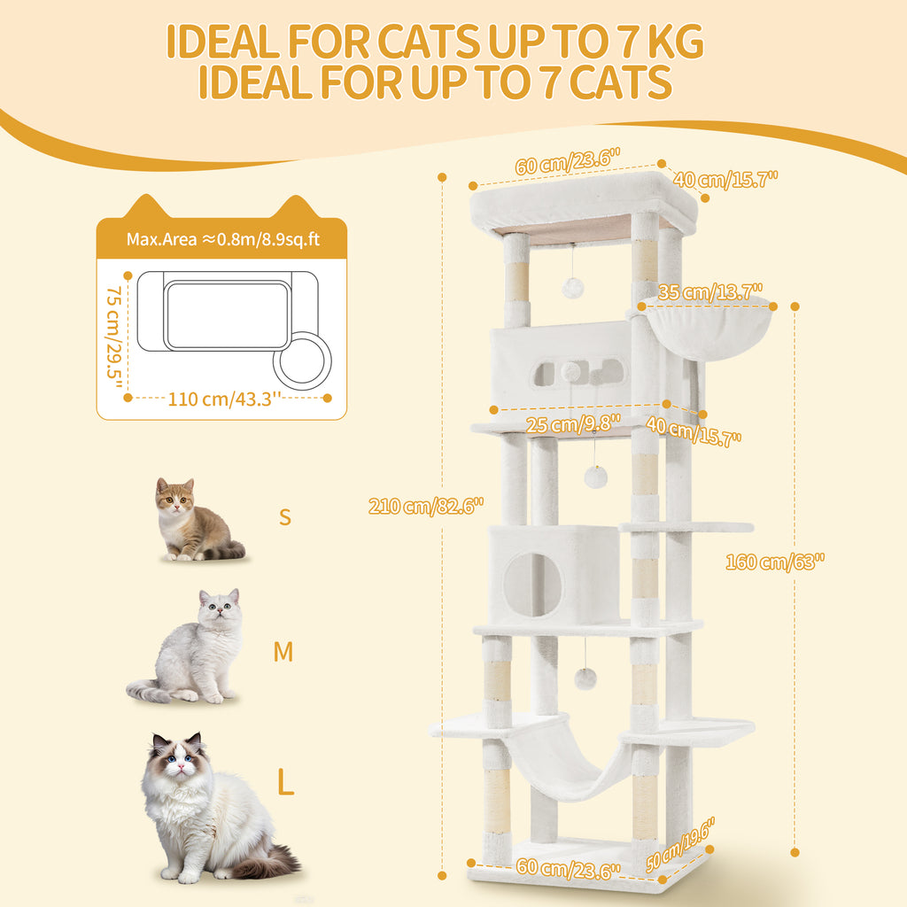 Hzuaneri Large Cat Scratching Post, 210 cm High, with 8 Scratching Posts, 2 Caves, Large Platforms, Washable Mat, Hammock, Plush Balls, Multi-Level Cat Scratching Post, Cream White MS21018WT