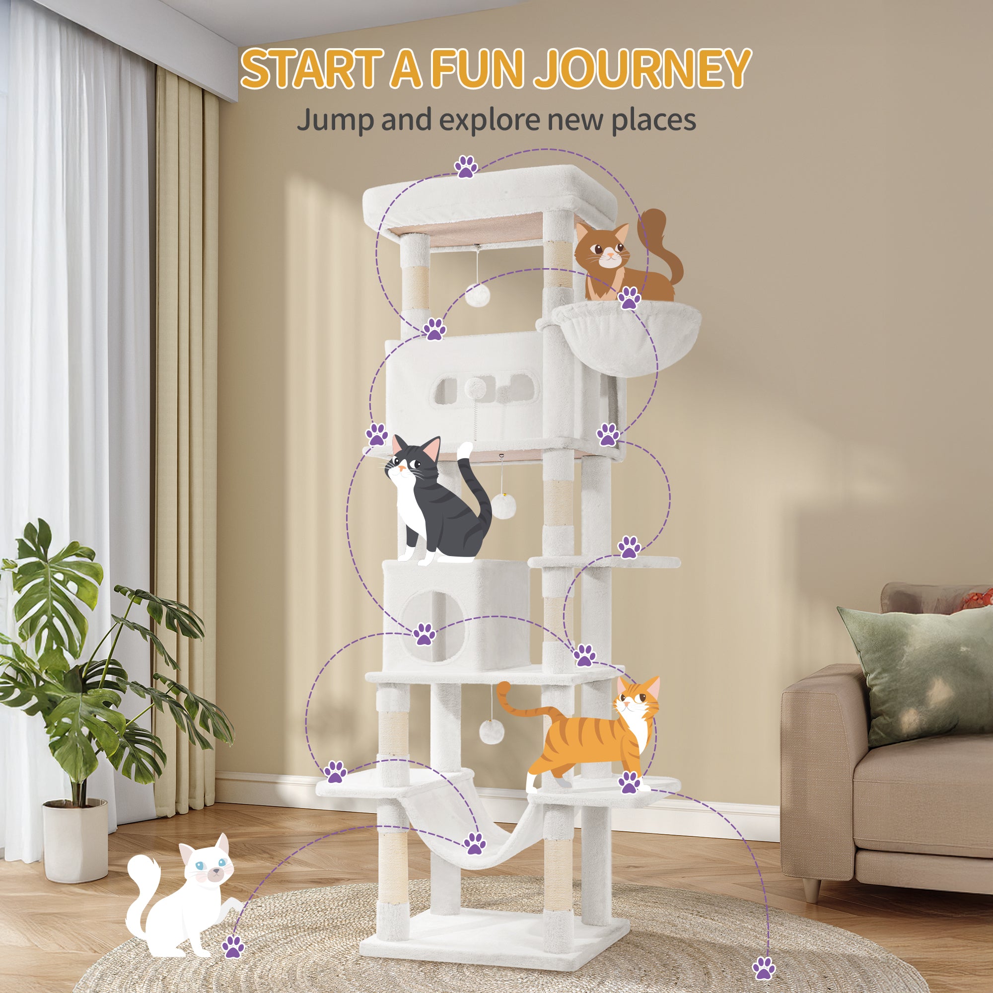 Hzuaneri Large Cat Scratching Post, 210 cm High, with 8 Scratching Posts, 2 Caves, Large Platforms, Washable Mat, Hammock, Plush Balls, Multi-Level Cat Scratching Post, Cream White MS21018WT