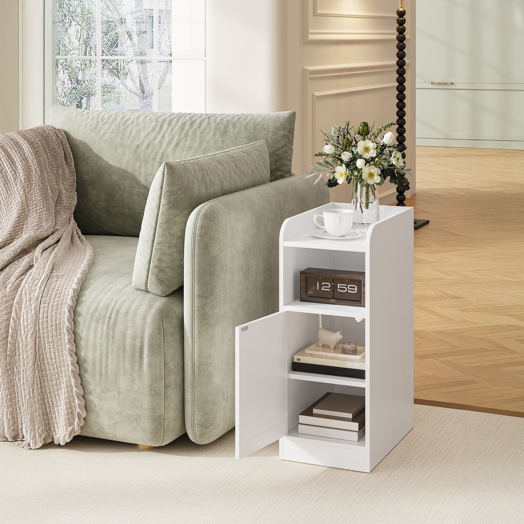 Hzuaneri Bedside Table, with Reversible Door, Open Compartment, Space-Saving, Side Table, for Bedroom and Living Room, 35 x 24 x 60 cm, White NS00303X