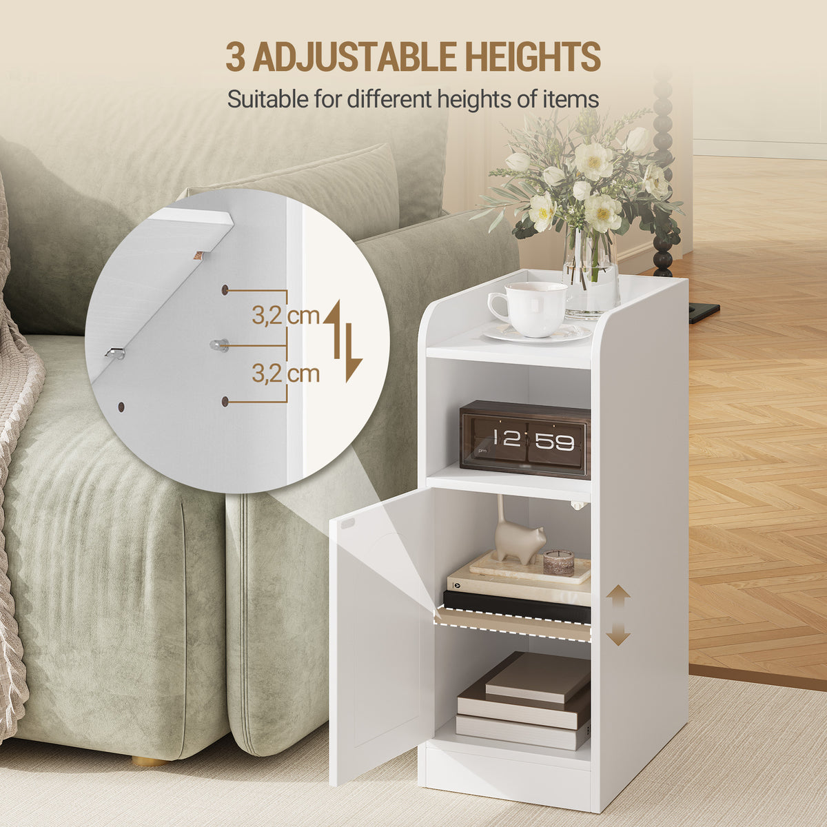 Hzuaneri Bedside Table, with Reversible Door, Open Compartment, Space-Saving, Side Table, for Bedroom and Living Room, 35 x 24 x 60 cm, White NS00303X