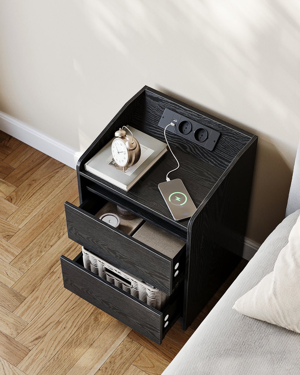 HEXCELEN Bedside Table with LED Lights & Charging Station, 2 Drawers, USB Ports and Power Outlets, Black