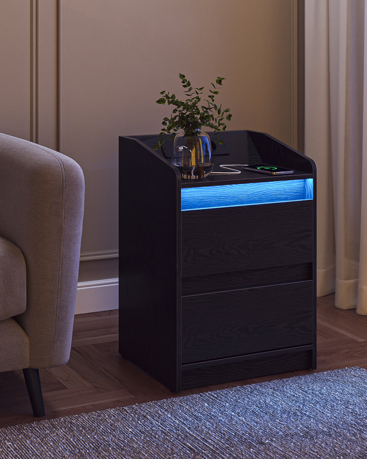 HEXCELEN Bedside Table with LED Lights & Charging Station, 2 Drawers, USB Ports and Power Outlets, Black