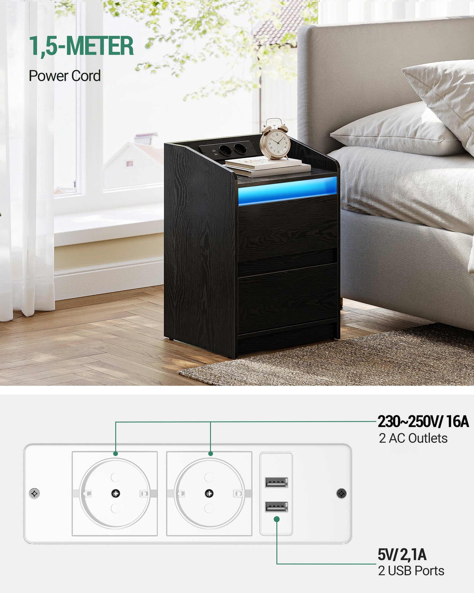 HEXCELEN Bedside Table with LED Lights & Charging Station, 2 Drawers, USB Ports and Power Outlets, Black
