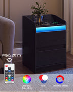 HEXCELEN Bedside Table with LED Lights & Charging Station, 2 Drawers, USB Ports and Power Outlets, Black