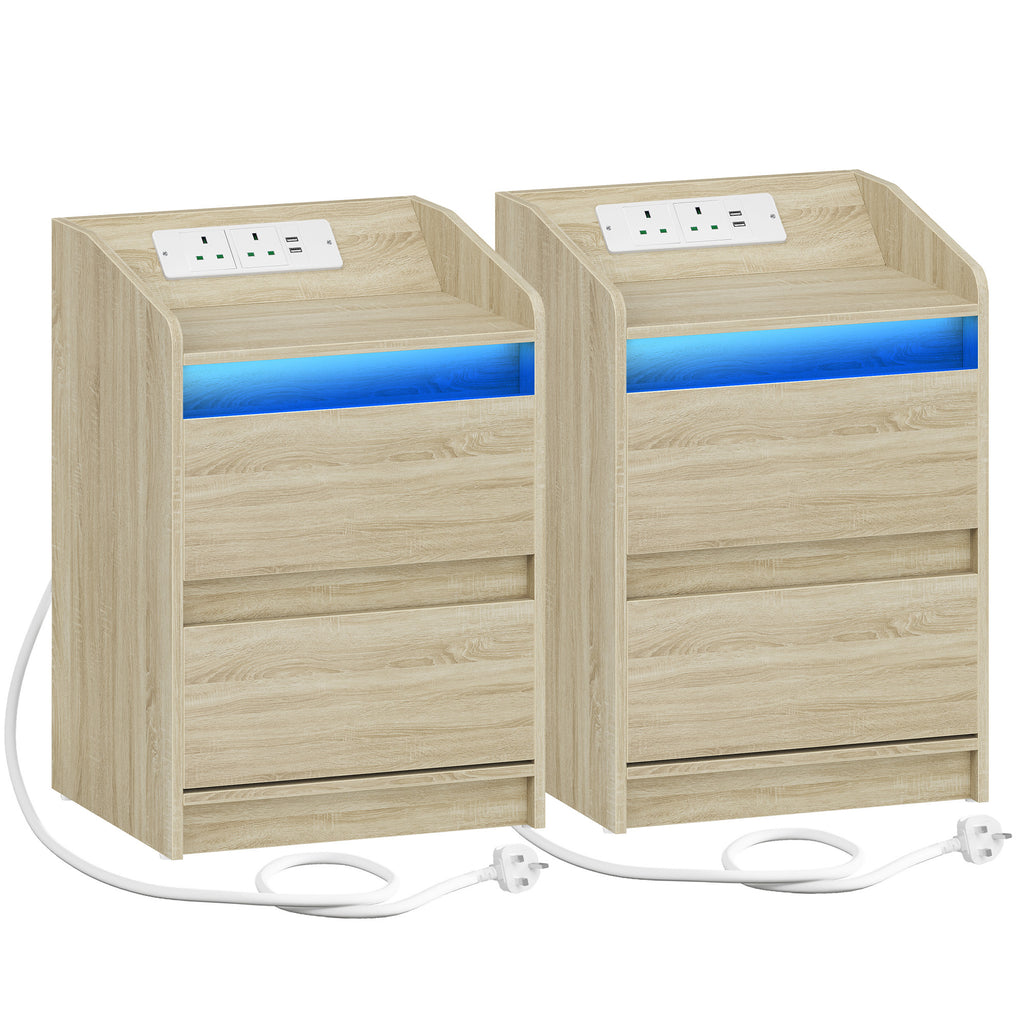 Hzuaneri Nightstands Set of 2 with LED Lights, Charging Station and 2 Drawers, Side Table with USB Ports and Power Outlets, Ideal for Living Room and Bedroom, Oak Color, NS30116X