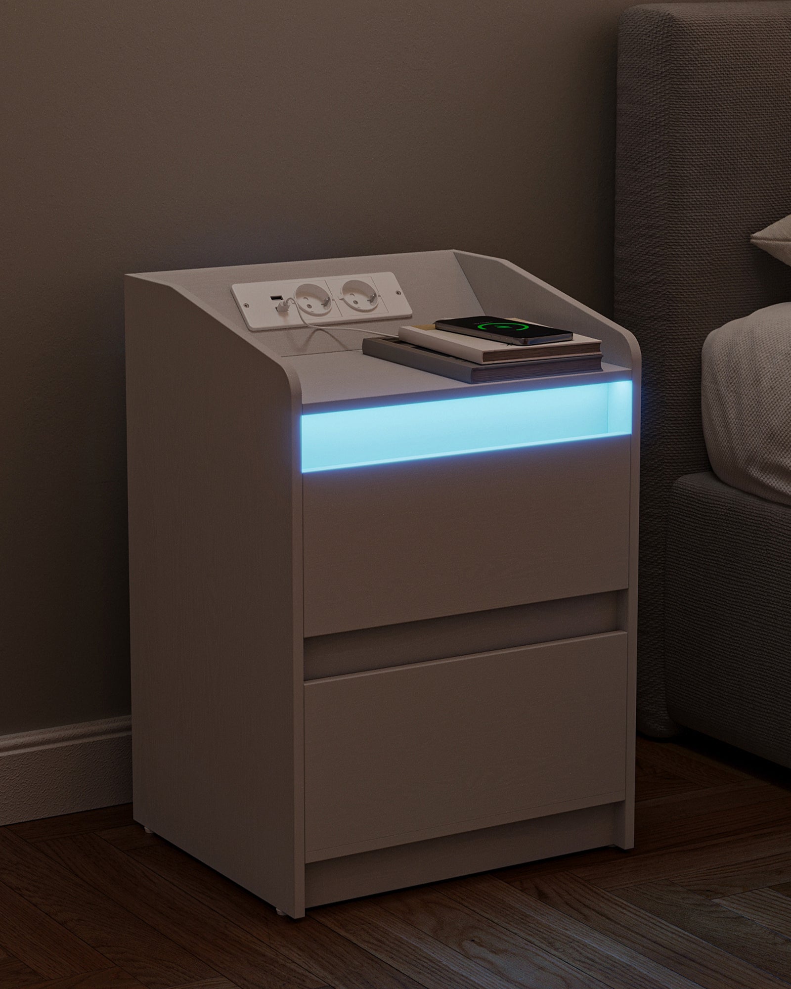 HEXCELEN Nightstand Set of 2 with LED Lights & Charging Station, 2 Drawers, USB Ports & Outlets, White