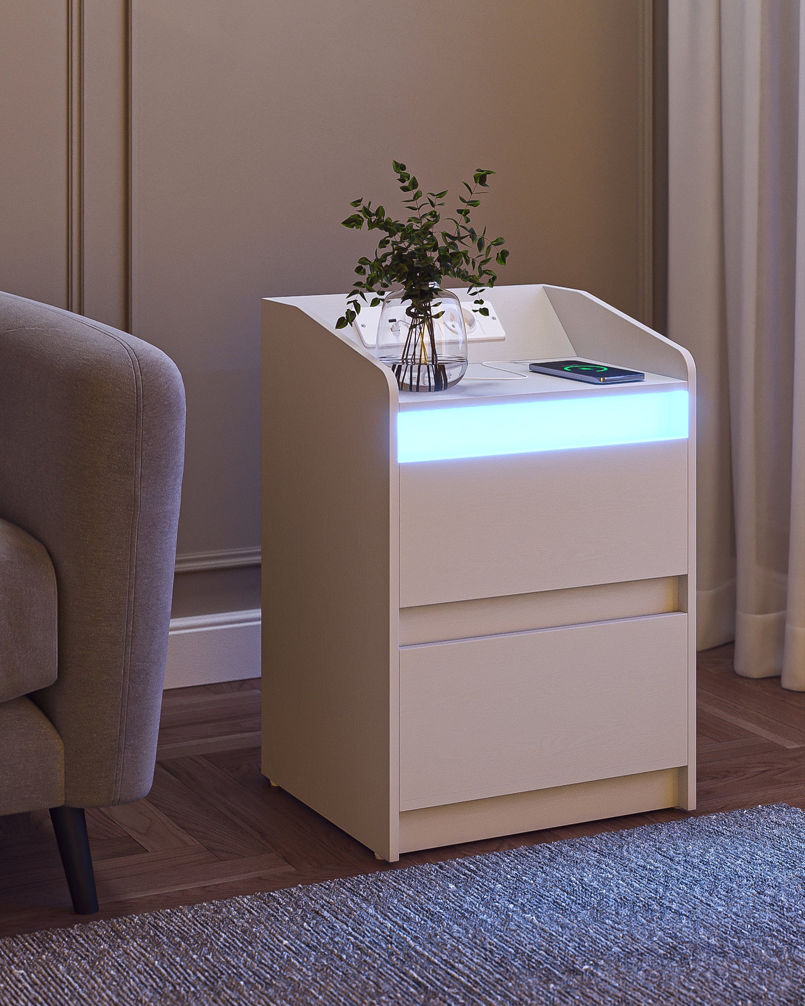 HEXCELEN Nightstand Set of 2 with LED Lights & Charging Station, 2 Drawers, USB Ports & Outlets, White