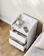 HEXCELEN Nightstand Set of 2 with LED Lights & Charging Station, 2 Drawers, USB Ports & Outlets, White