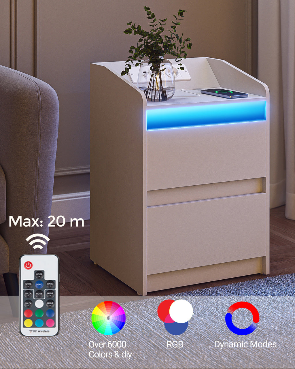 HEXCELEN Nightstand Set of 2 with LED Lights & Charging Station, 2 Drawers, USB Ports & Outlets, White