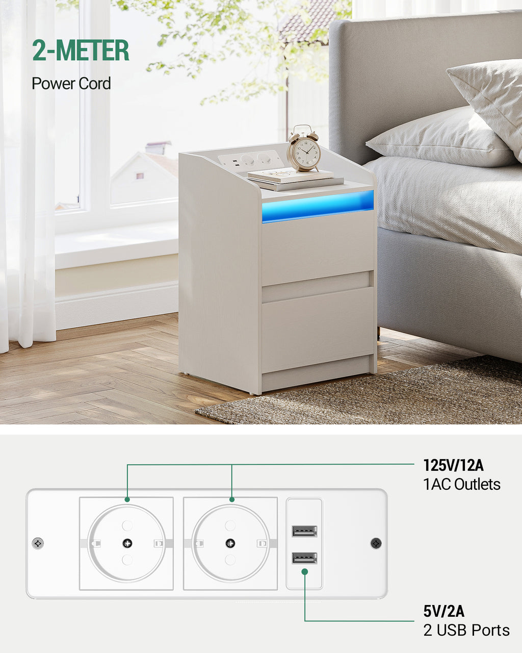 HEXCELEN Nightstand Set of 2 with LED Lights & Charging Station, 2 Drawers, USB Ports & Outlets, White