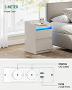HEXCELEN Nightstand Set of 2 with LED Lights & Charging Station, 2 Drawers, USB Ports & Outlets, White