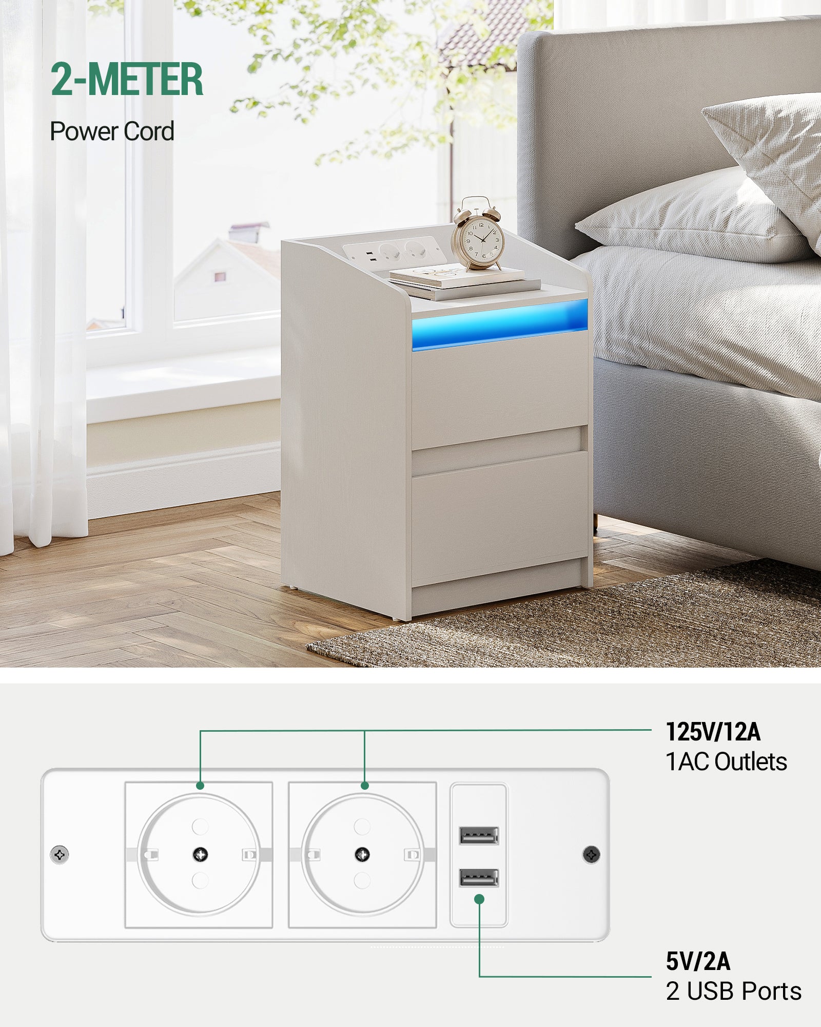 HEXCELEN Nightstand Set of 2 with LED Lights & Charging Station, 2 Drawers, USB Ports & Outlets, White