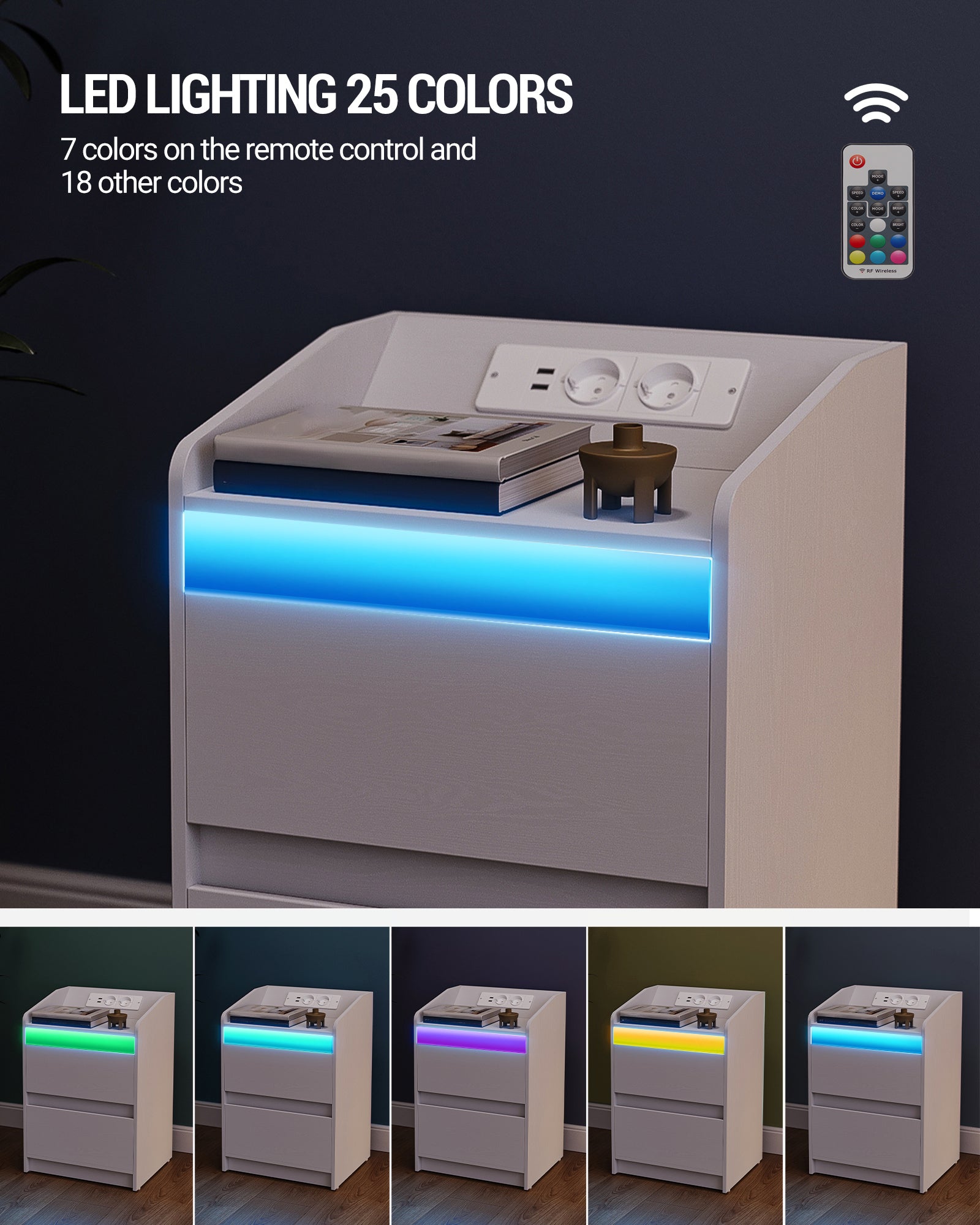 HEXCELEN Nightstand Set of 2 with LED Lights & Charging Station, 2 Drawers, USB Ports & Outlets, White