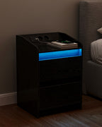 HEXCELEN Nightstand Set of 2 with LED Lights & Charging Station, 2 Drawers, USB Ports & Outlets, Black