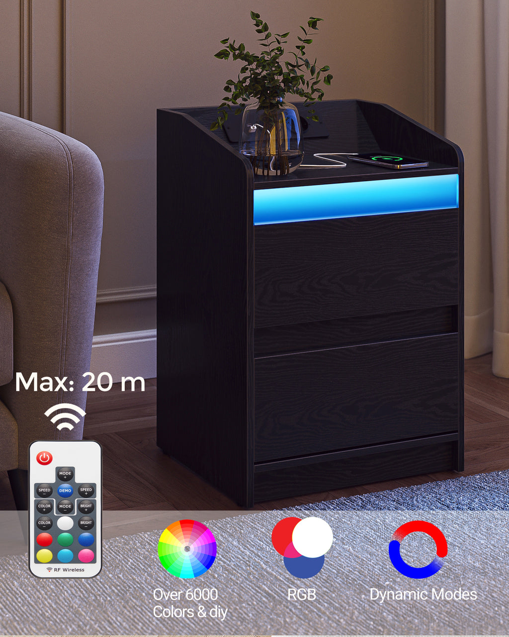HEXCELEN Nightstand Set of 2 with LED Lights & Charging Station, 2 Drawers, USB Ports & Outlets, Black