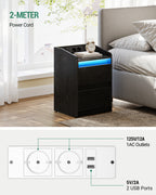 HEXCELEN Nightstand Set of 2 with LED Lights & Charging Station, 2 Drawers, USB Ports & Outlets, Black