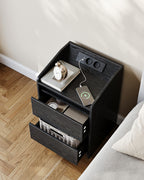HEXCELEN Nightstand Set of 2 with LED Lights & Charging Station, 2 Drawers, USB Ports & Outlets, Black