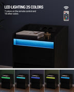 HEXCELEN Nightstand Set of 2 with LED Lights & Charging Station, 2 Drawers, USB Ports & Outlets, Black