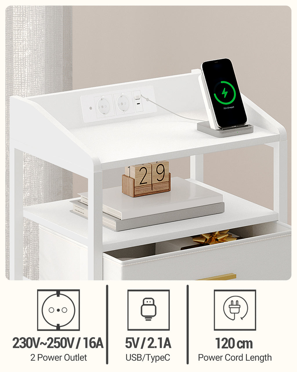 HEXCELEN Bedside Table with LED Lights & Charging Station, 3 Fabric Drawers, USB Ports & Power Outlets, White