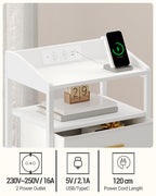 HEXCELEN Bedside Table with LED Lights & Charging Station, 3 Fabric Drawers, USB Ports & Power Outlets, White