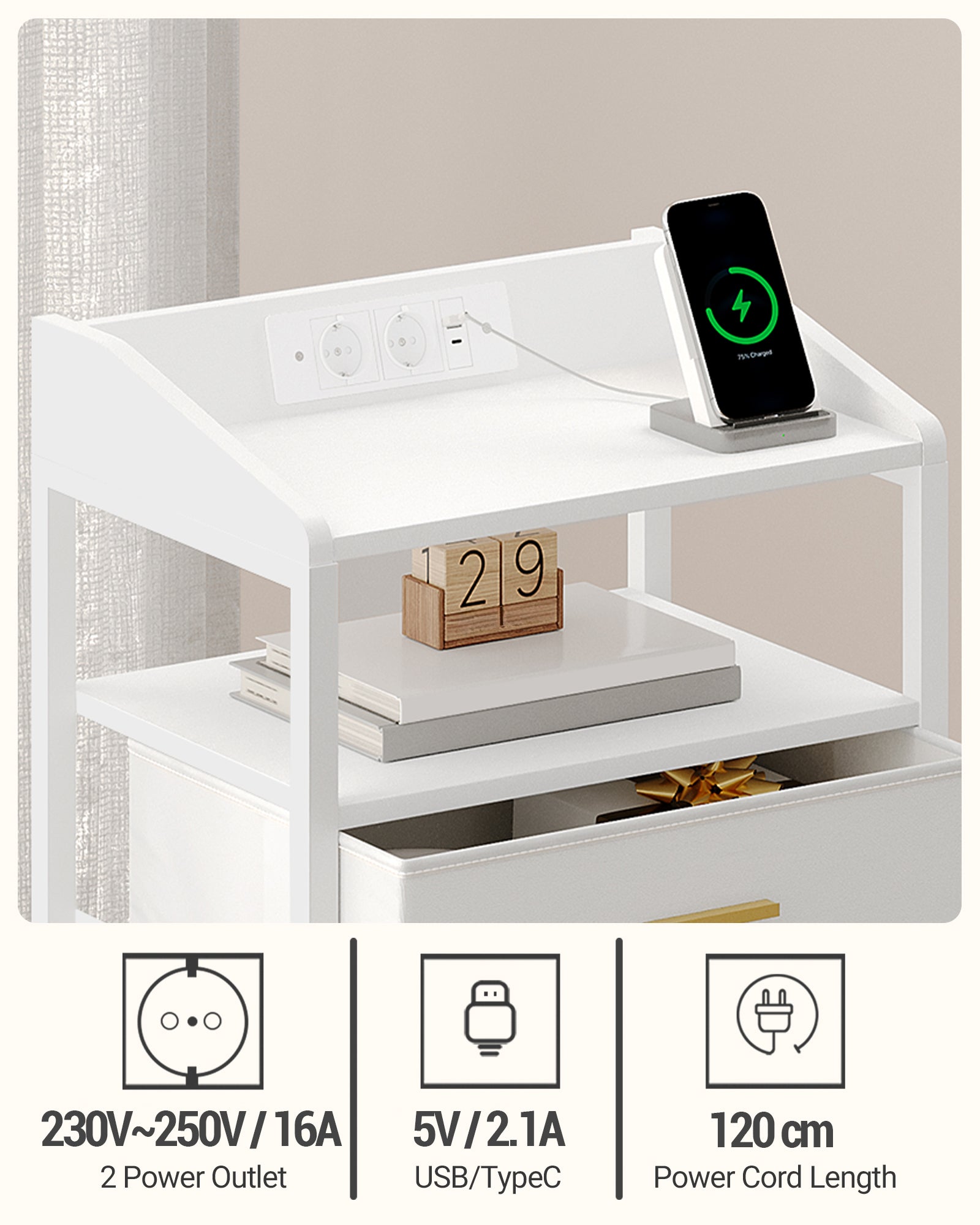 HEXCELEN Bedside Table with LED Lights & Charging Station, 3 Fabric Drawers, USB Ports & Power Outlets, White