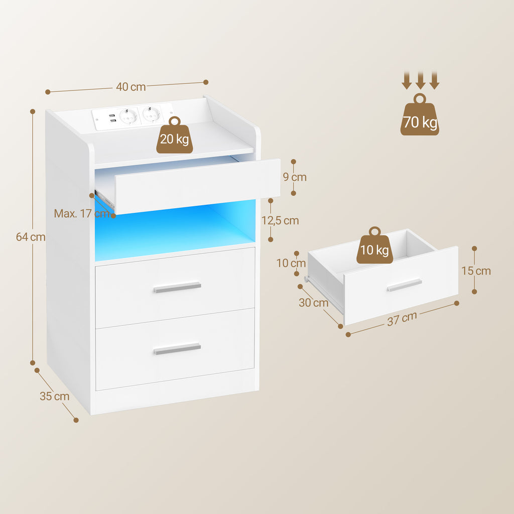 Hzuaneri Bedside Table with Tray, Bedside Table with Charging Function & LED Lighting, 2 Drawers, Modern, for Bedroom, Living Room, 35 x 40 x 64 cm, White NS33503XEU Visit the Hzuaneri Store