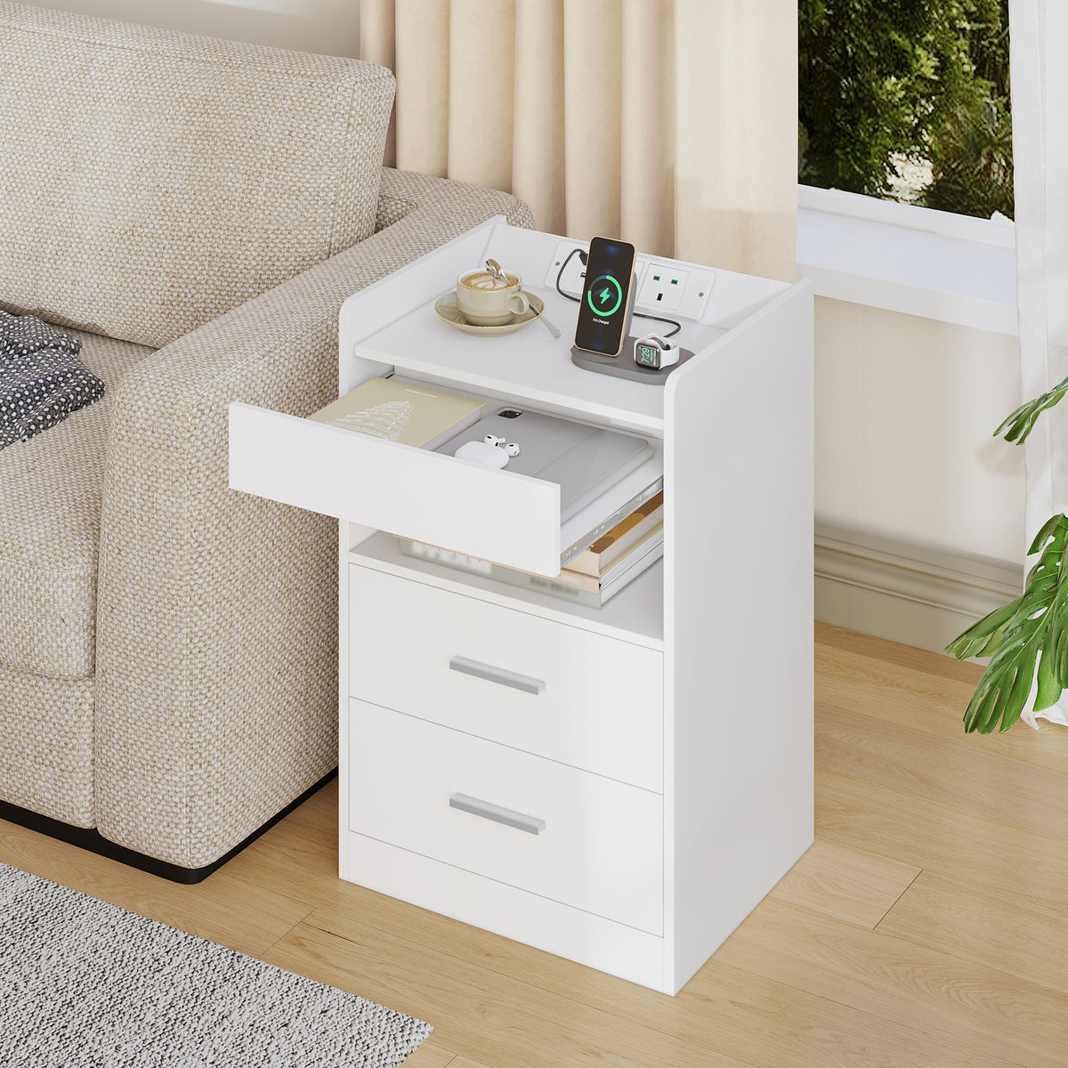 Hzuaneri Nightstand Set of 2, Side Table with Tray, Nightstand with Charging Function & LED Lighting, 2 Drawers, Modern, for Bedroom, Living Room 35 x 40 x 64 cm, White NS33603X