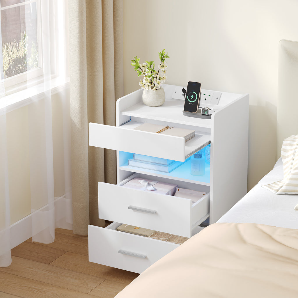 Hzuaneri Nightstand Set of 2, Side Table with Tray, Nightstand with Charging Function & LED Lighting, 2 Drawers, Modern, for Bedroom, Living Room 35 x 40 x 64 cm, White NS33603X