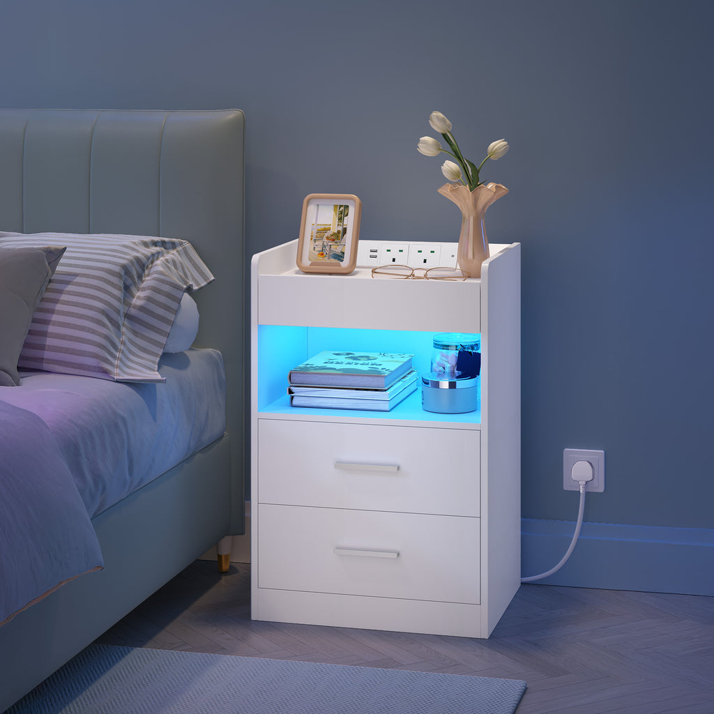 Hzuaneri Nightstand Set of 2, Side Table with Tray, Nightstand with Charging Function & LED Lighting, 2 Drawers, Modern, for Bedroom, Living Room 35 x 40 x 64 cm, White NS33603X