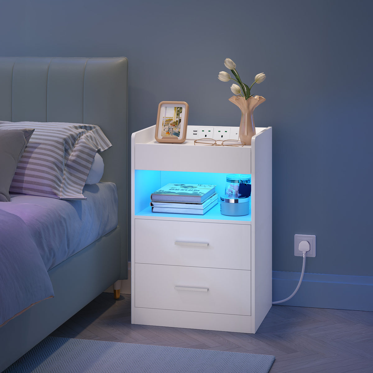 Hzuaneri Nightstand Set of 2, Side Table with Tray, Nightstand with Charging Function & LED Lighting, 2 Drawers, Modern, for Bedroom, Living Room 35 x 40 x 64 cm, White NS33603X