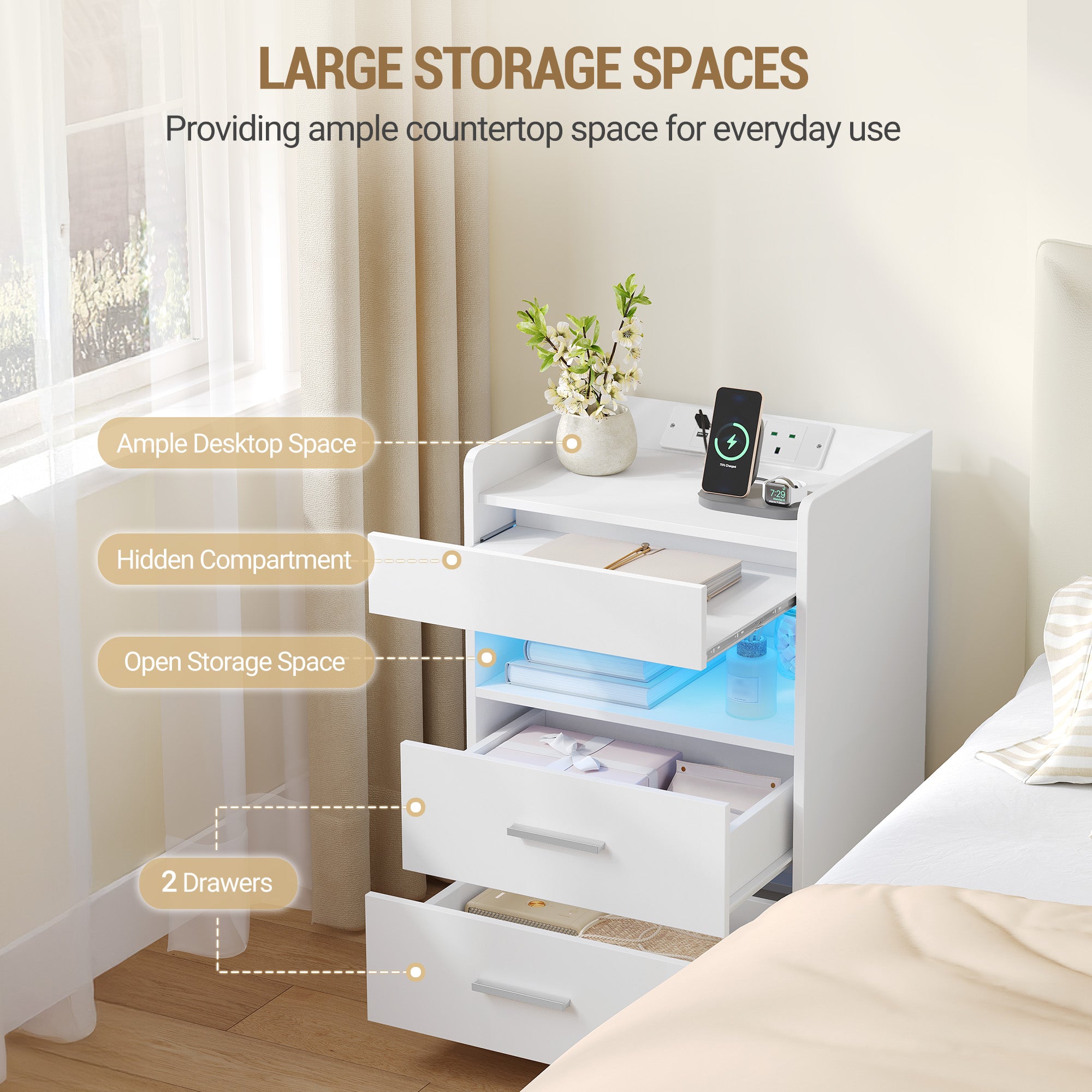 Hzuaneri Nightstand Set of 2, Side Table with Tray, Nightstand with Charging Function & LED Lighting, 2 Drawers, Modern, for Bedroom, Living Room 35 x 40 x 64 cm, White NS33603X