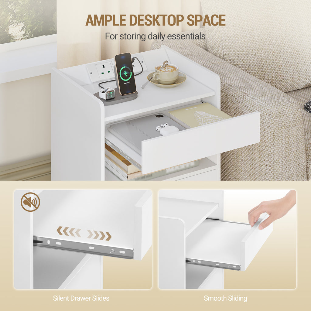 Hzuaneri Nightstand Set of 2, Side Table with Tray, Nightstand with Charging Function & LED Lighting, 2 Drawers, Modern, for Bedroom, Living Room 35 x 40 x 64 cm, White NS33603X