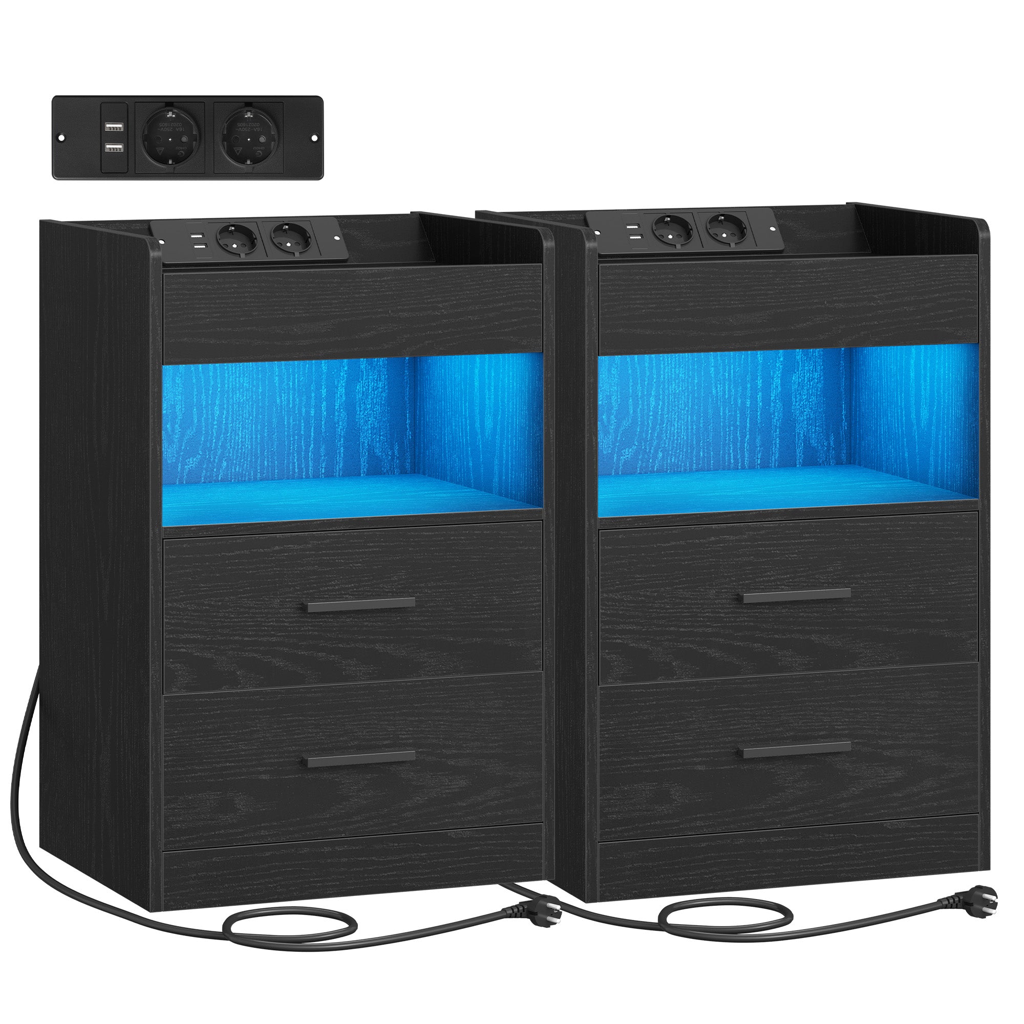 Hzuaneri Bedside Table Set of 2, Side Tables with Hidden Compartment, Smart Nightstand & LED Lighting, 2 AC, 2 USB, for Bedroom, Living Room, 35 x 40 x 64 cm, Black NS33604X