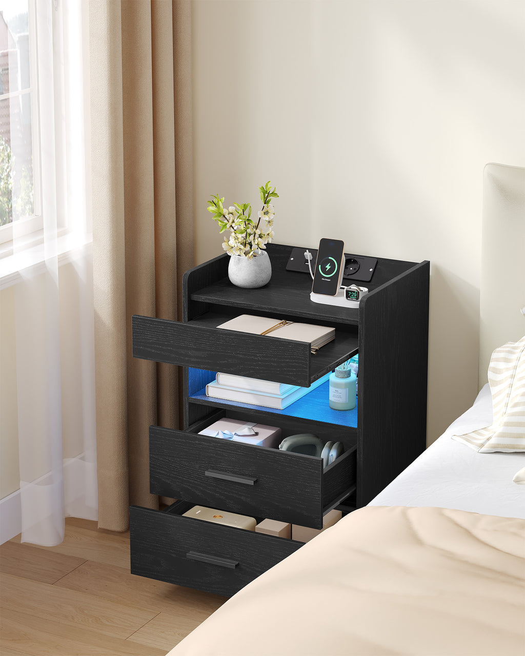 Hzuaneri Bedside Table with Tray, Bedside Table with Charging Function & LED Lighting, 2 Drawers, Modern, for Bedroom, Living Room, 35 x 40 x 64 cm, Black NS33504XEU