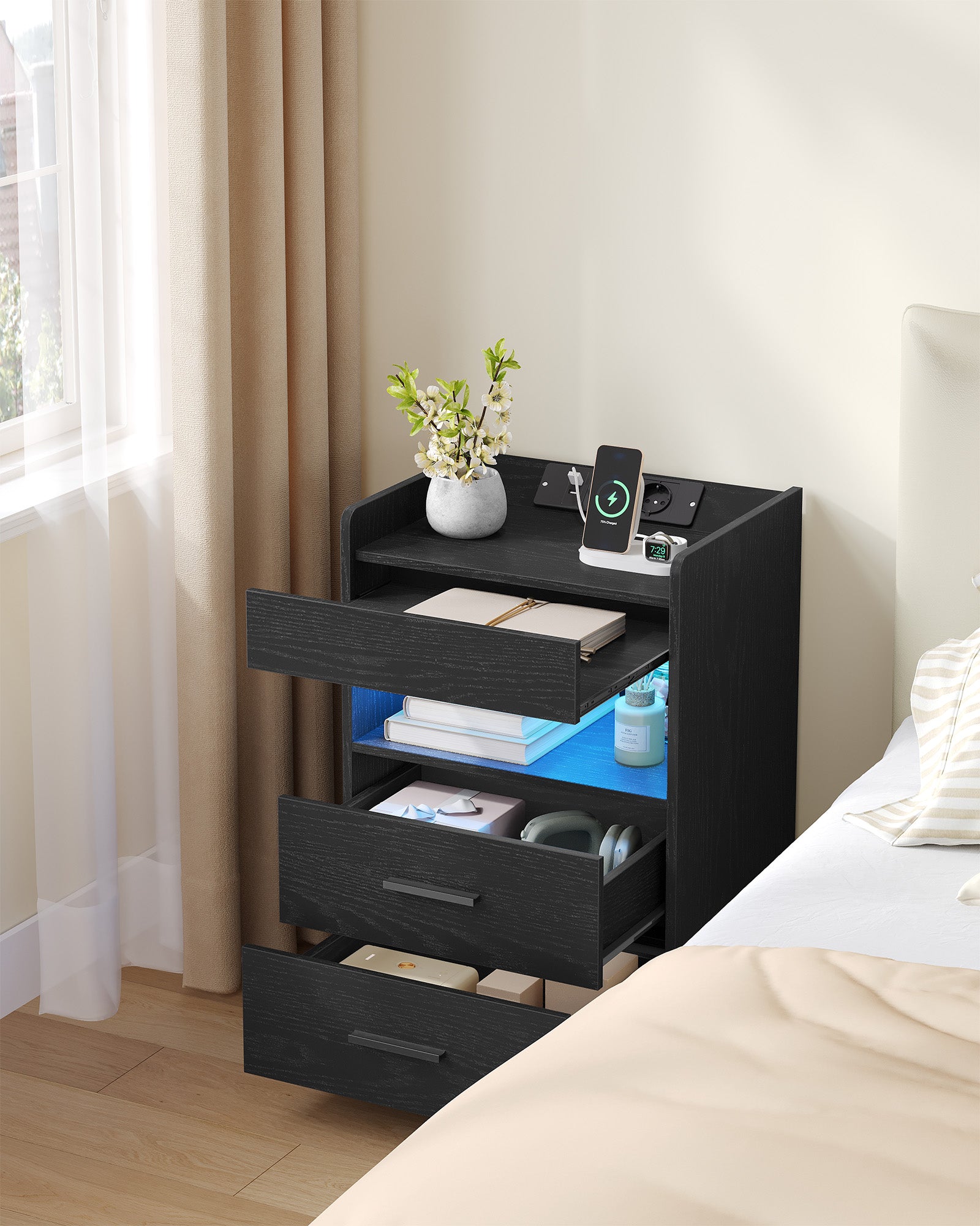 Hzuaneri Bedside Table with Tray, Bedside Table with Charging Function & LED Lighting, 2 Drawers, Modern, for Bedroom, Living Room, 35 x 40 x 64 cm, Black NS33504XEU
