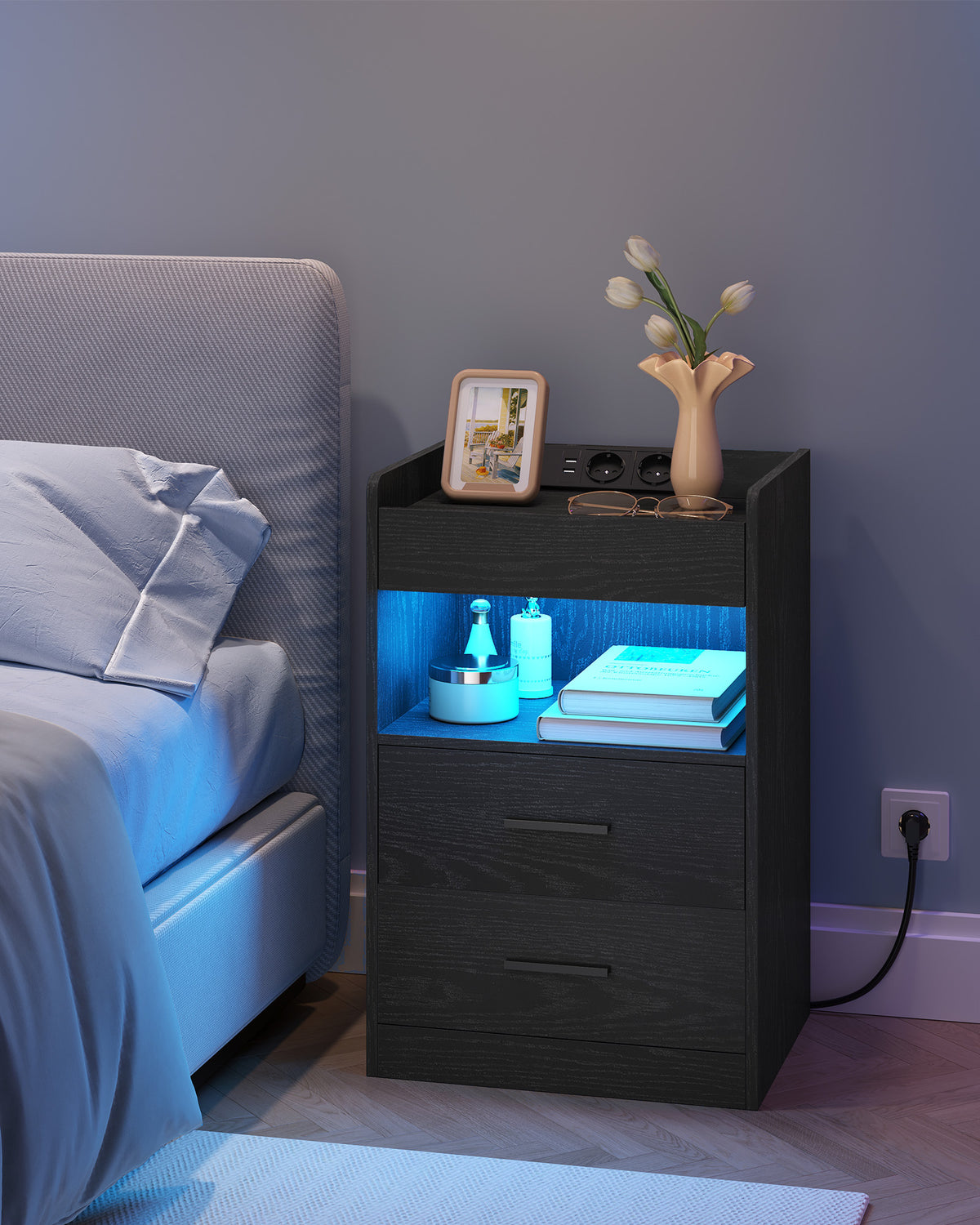 Hzuaneri Bedside Table with Tray, Bedside Table with Charging Function & LED Lighting, 2 Drawers, Modern, for Bedroom, Living Room, 35 x 40 x 64 cm, Black NS33504XEU