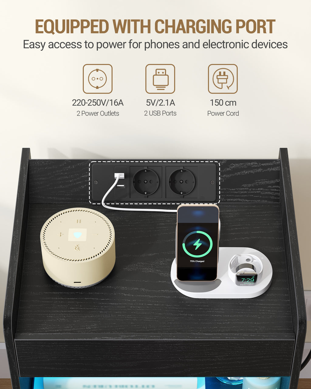 Hzuaneri Bedside Table with Tray, Bedside Table with Charging Function & LED Lighting, 2 Drawers, Modern, for Bedroom, Living Room, 35 x 40 x 64 cm, Black NS33504XEU
