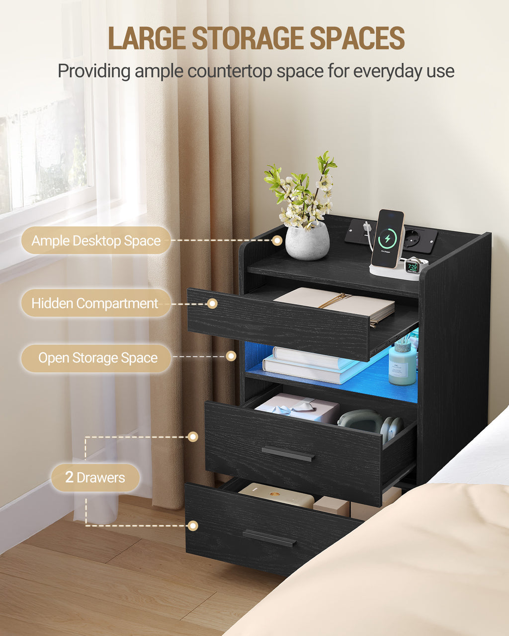 Hzuaneri Bedside Table with Tray, Bedside Table with Charging Function & LED Lighting, 2 Drawers, Modern, for Bedroom, Living Room, 35 x 40 x 64 cm, Black NS33504XEU