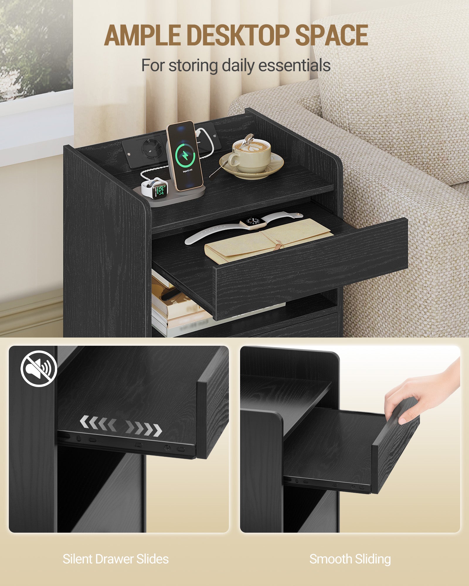 Hzuaneri Bedside Table with Tray, Bedside Table with Charging Function & LED Lighting, 2 Drawers, Modern, for Bedroom, Living Room, 35 x 40 x 64 cm, Black NS33504XEU