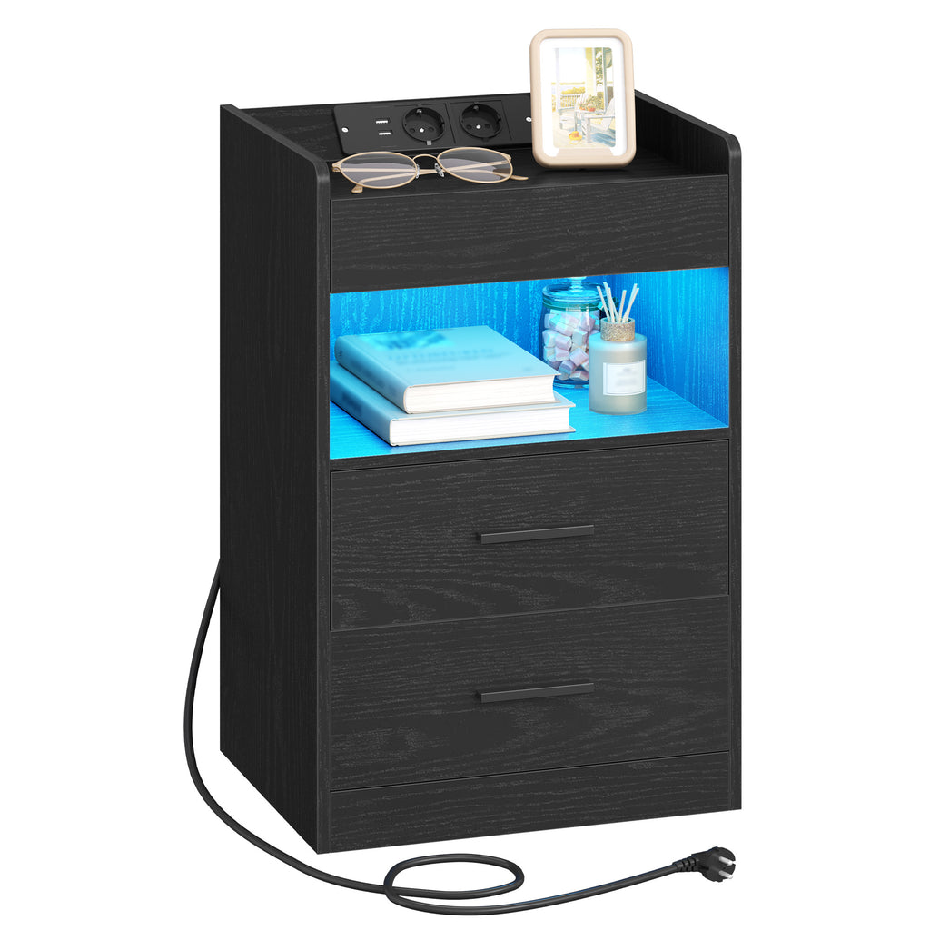 Hzuaneri Bedside Table with Tray, Bedside Table with Charging Function & LED Lighting, 2 Drawers, Modern, for Bedroom, Living Room, 35 x 40 x 64 cm, Black NS33504XEU