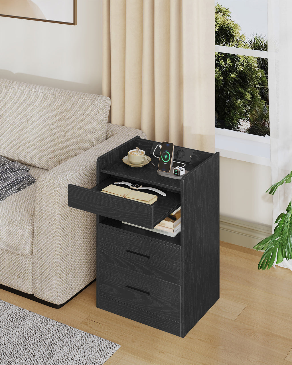 Hzuaneri Bedside Table with Tray, Bedside Table with Charging Function & LED Lighting, 2 Drawers, Modern, for Bedroom, Living Room, 35 x 40 x 64 cm, Black NS33504XEU