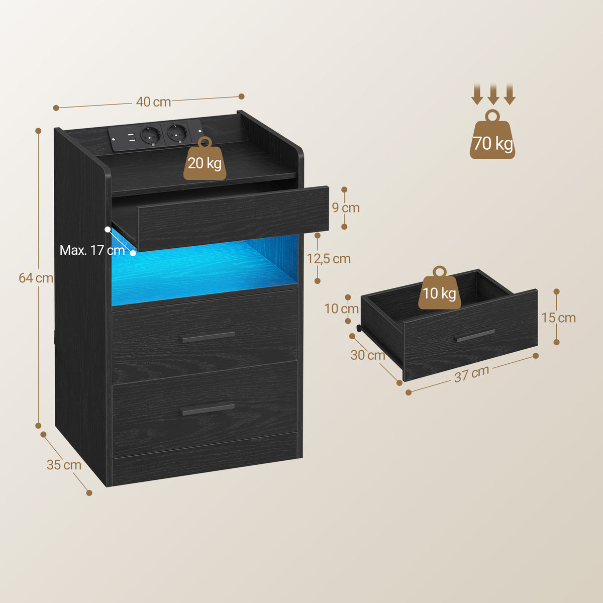 Hzuaneri Bedside Table Set of 2, Side Tables with Hidden Compartment, Smart Nightstand & LED Lighting, 2 AC, 2 USB, for Bedroom, Living Room, 35 x 40 x 64 cm, Black NS33604X