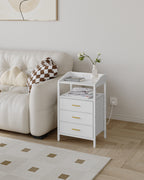 HEXCELEN Bedside Table Set of 2 with LED Lights & Charging Station, 3 Fabric Drawers, USB Ports & Sockets, White
